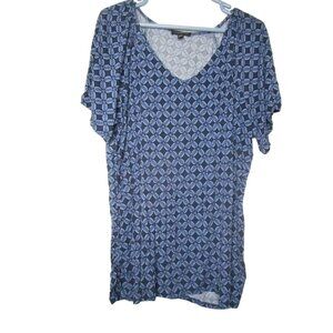 Lane Bryant Blue Black floral abstract V neck Blouse Sz 18/20 ruched side